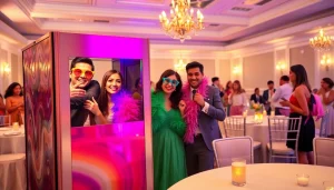 Rent a Photo Booth with lively guests enjoying their time at a beautiful wedding event.