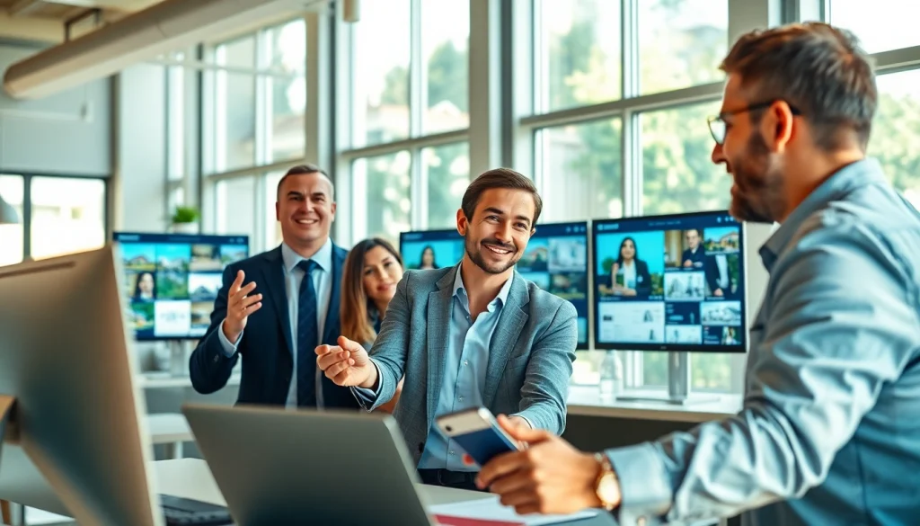 Real Estate agents collaborate in a bright, modern office setting, showcasing teamwork and professionalism.