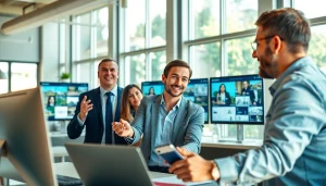 Real Estate agents collaborate in a bright, modern office setting, showcasing teamwork and professionalism.