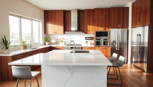 Home renovation kitchen with modern design, featuring a marble island and natural lighting.