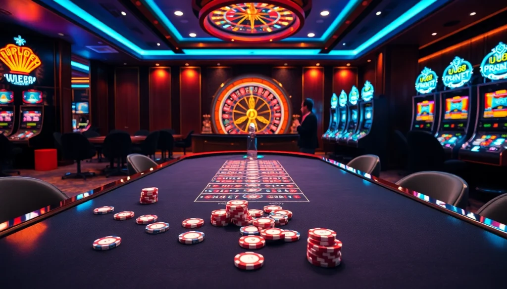 Engage in thrilling gameplay at UU88 with vibrant casino tables and neon-lit slot machines.