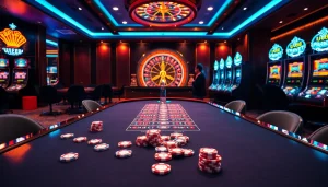 Engage in thrilling gameplay at UU88 with vibrant casino tables and neon-lit slot machines.