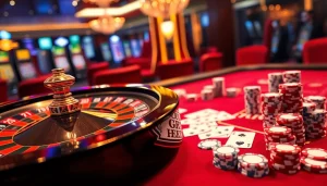 Visualize a luxurious casino scene featuring 789club.quest, highlighting a spinning roulette wheel and vibrant poker chips.