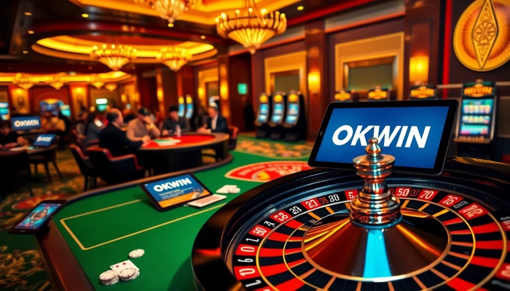 Experience exciting gameplay at OKWIN's luxurious casino tables, featuring roulette and poker.