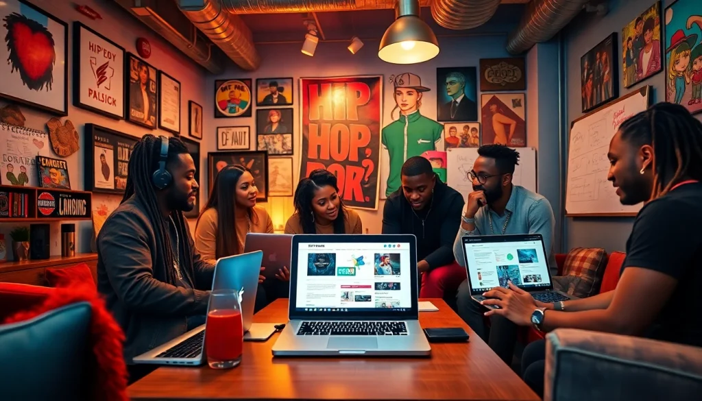 Dynamic workspace of a hip hop PR agency showcasing teamwork and creativity in music marketing.