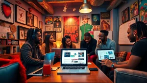 Dynamic workspace of a hip hop PR agency showcasing teamwork and creativity in music marketing.