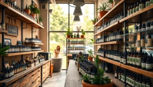 CBD shop interior in Madrid showcasing various products and a warm inviting atmosphere.