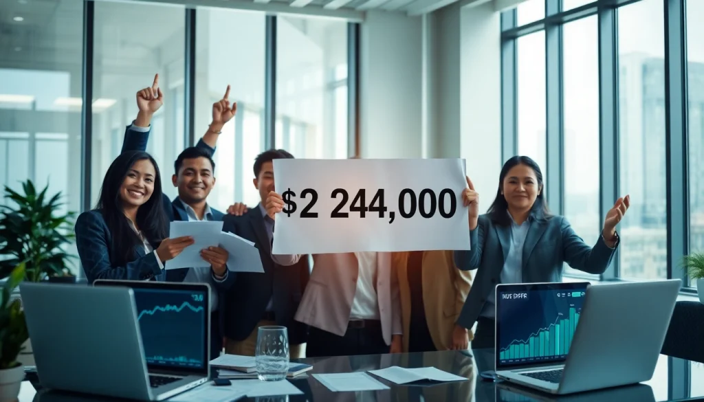 BOX138 team celebrates a successful withdrawal of Rp 2,424,000 in a vibrant office.