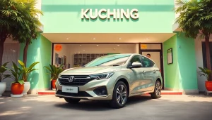 Kuching car hire: modern rental agency with clean vehicles, friendly staff, and lush surroundings.