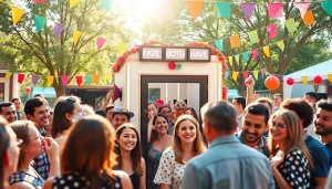 Rent a Photo Booth with a vibrant setup and guests enjoying a fun photo session.