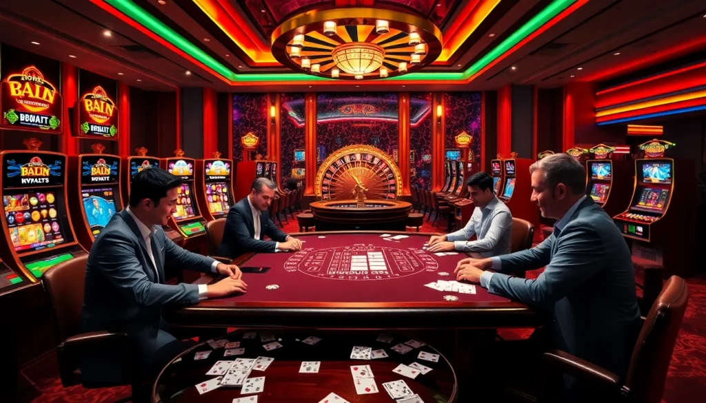 Experience a thrilling game at 789F, where poker and slot machines create a vibrant gambling atmosphere.