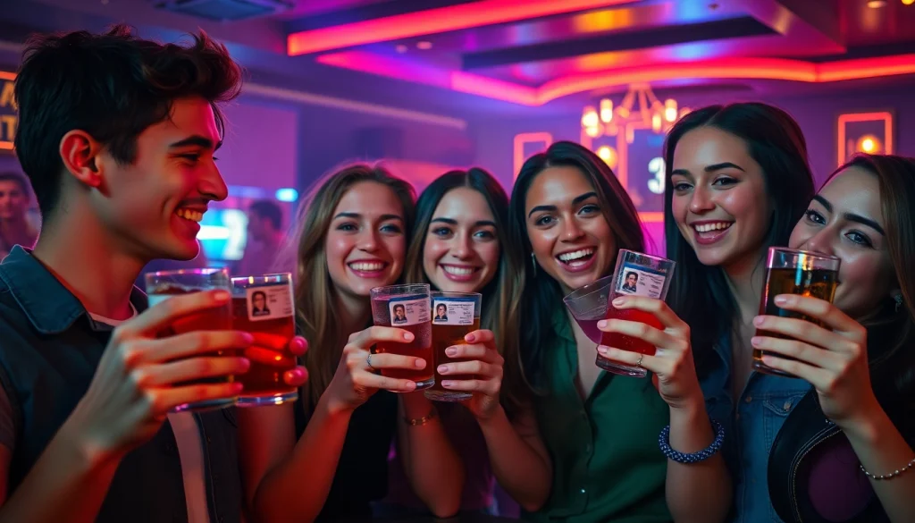 Group enjoying nightlife with Club 21 ids in hand at a vibrant club.