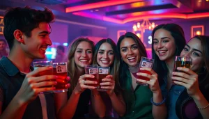 Group enjoying nightlife with Club 21 ids in hand at a vibrant club.
