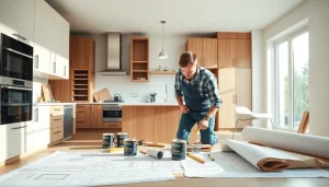 Home renovation expert crafting a modern kitchen remodel with quality materials and bright lighting.