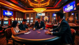 Players enjoying a thrilling poker game at tv88's luxurious casino setting.