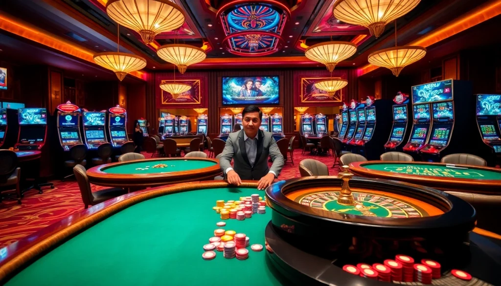A lively casino experience presenting multiple gaming tables and vibrant slot machines at https://kkwinb.com/, capturing the thrill of online gambling.