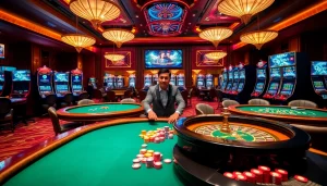 A lively casino experience presenting multiple gaming tables and vibrant slot machines at https://kkwinb.com/, capturing the thrill of online gambling.