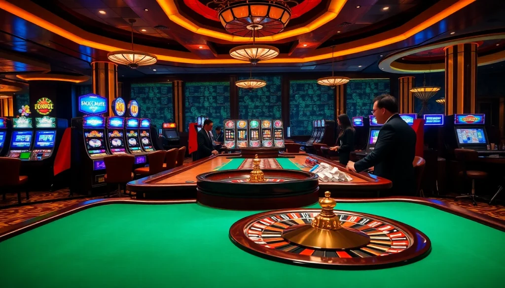 Exciting scene of a trusted gambling house (Nhà cái uy tín) with professional dealers and vibrant slot machines.