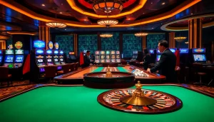 Exciting scene of a trusted gambling house (Nhà cái uy tín) with professional dealers and vibrant slot machines.