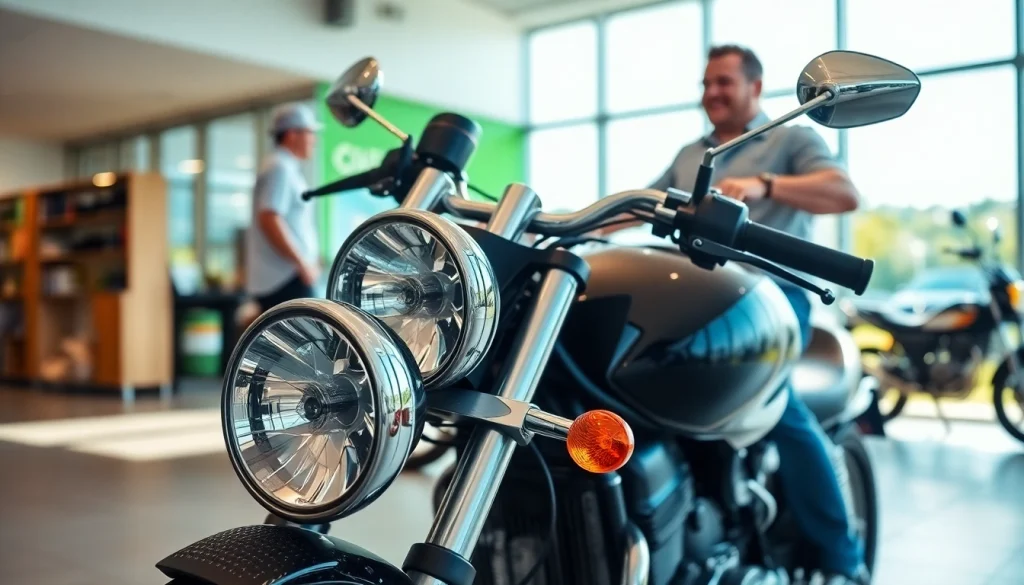 Motorrad Verkaufen Ankauf bei einem professionellen Händler mit einem glänzenden Bike im Vordergrund.