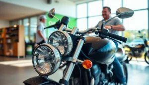 Motorrad Verkaufen Ankauf bei einem professionellen Händler mit einem glänzenden Bike im Vordergrund.