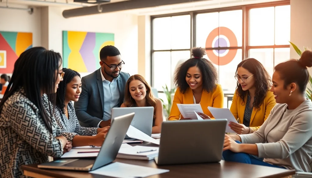Collaborative resume building session showcasing diverse job seekers in a modern workspace.