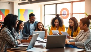 Collaborative resume building session showcasing diverse job seekers in a modern workspace.
