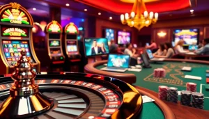 Une vue saisissante du meilleur casino en ligne en Belgique, avec une roulette, des machines à sous et des tables de poker.