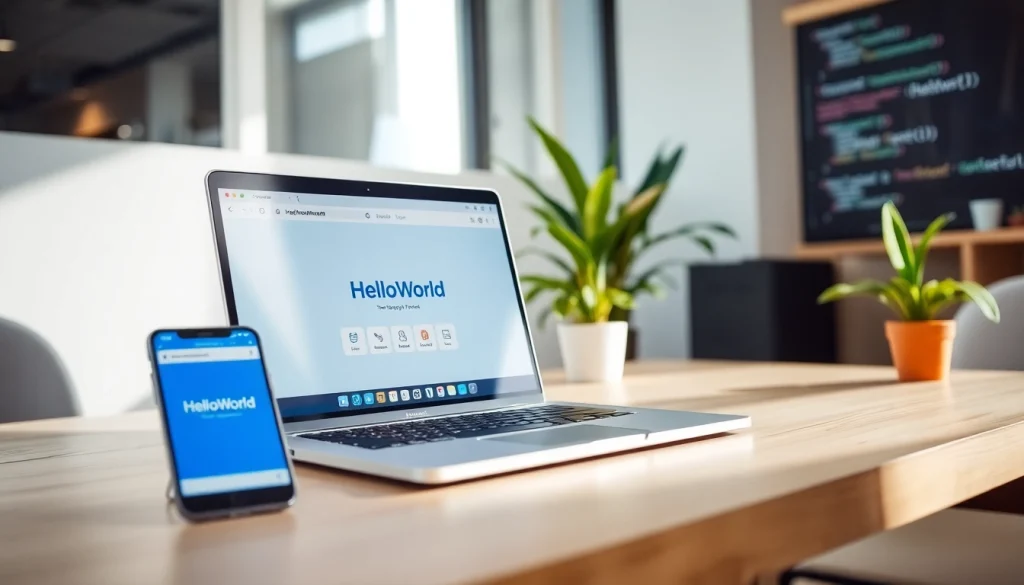 HelloWorld software showcased on a modern tech workspace, demonstrating efficient connectivity between devices.