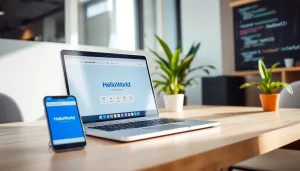 HelloWorld software showcased on a modern tech workspace, demonstrating efficient connectivity between devices.
