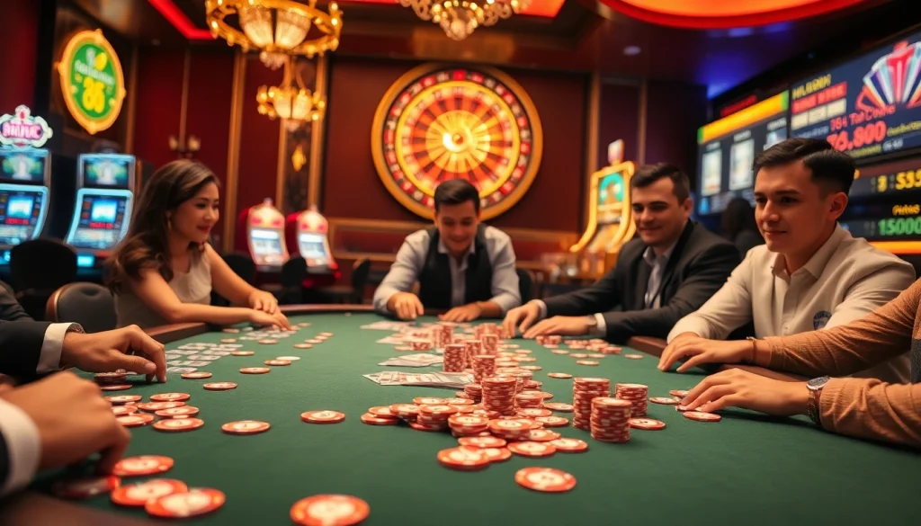 Players enjoying a thrilling Hello88-themed poker game at a luxurious casino.