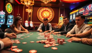 Players enjoying a thrilling Hello88-themed poker game at a luxurious casino.