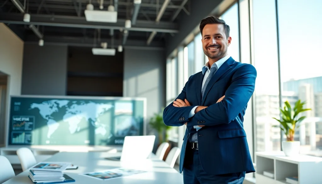 Real Estate agent confidently presenting properties in a modern office environment.