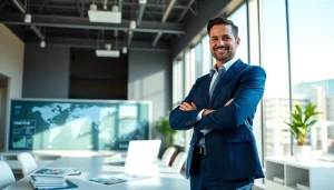 Real Estate agent confidently presenting properties in a modern office environment.