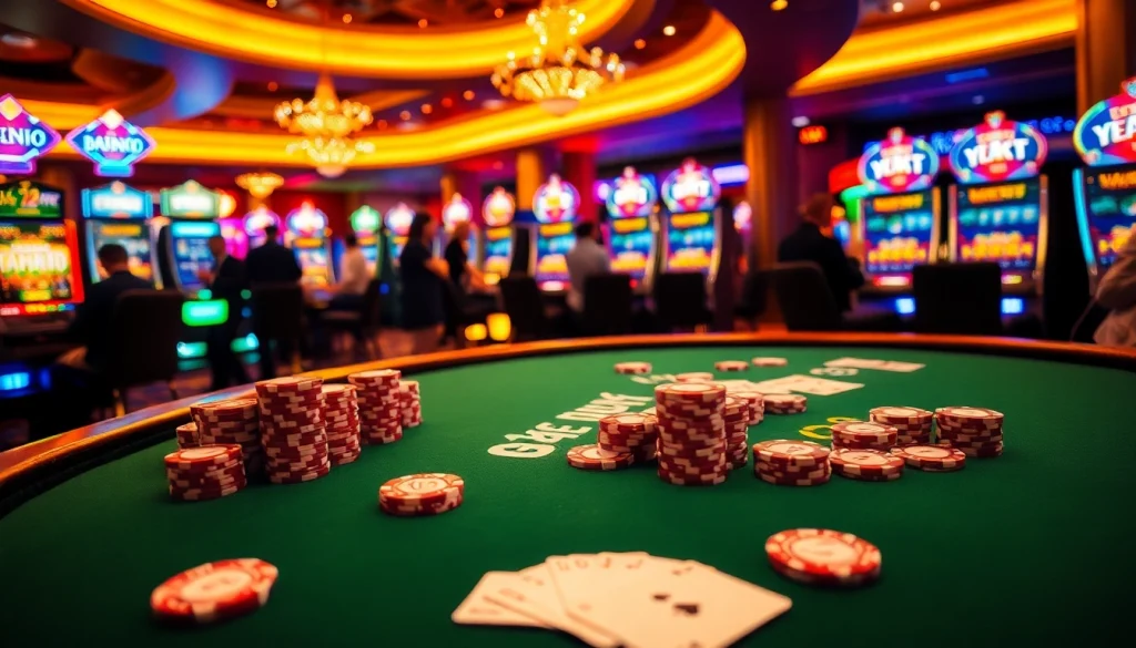 Players engaging in a thrilling jbo poker game amid vibrant casino lights and lavish decor.