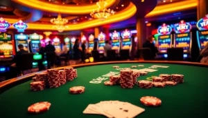 Players engaging in a thrilling jbo poker game amid vibrant casino lights and lavish decor.