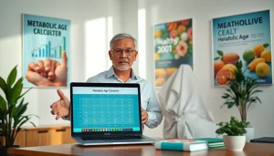 Demonstrating the metabolic age calculator functionality with a fitness expert in a bright office.