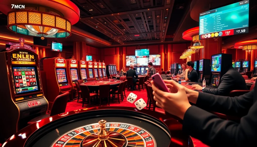 Experience the excitement of 7mcn with vibrant casino games, poker tables, and betting screens.