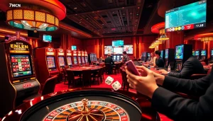 Experience the excitement of 7mcn with vibrant casino games, poker tables, and betting screens.