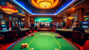 SUNWIN gaming lounge featuring elegant poker tables, vibrant slot machines, and excited players enjoying a luxury gambling experience.