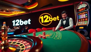 Exciting casino scene featuring 12bet logo, blackjack, roulette wheel, and vibrant atmosphere.
