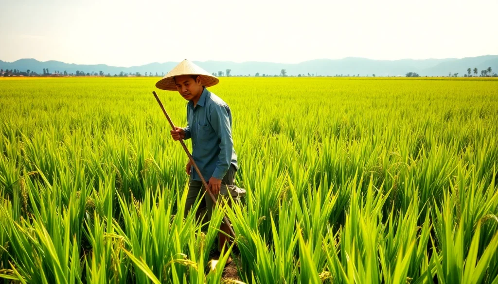 Petani toto sedang beraktivitas di ladang padi subur yang hijau.