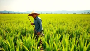 Petani toto sedang beraktivitas di ladang padi subur yang hijau.