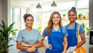 Maid agency staff providing expert cleaning services in a modern home, showcasing teamwork and professionalism.