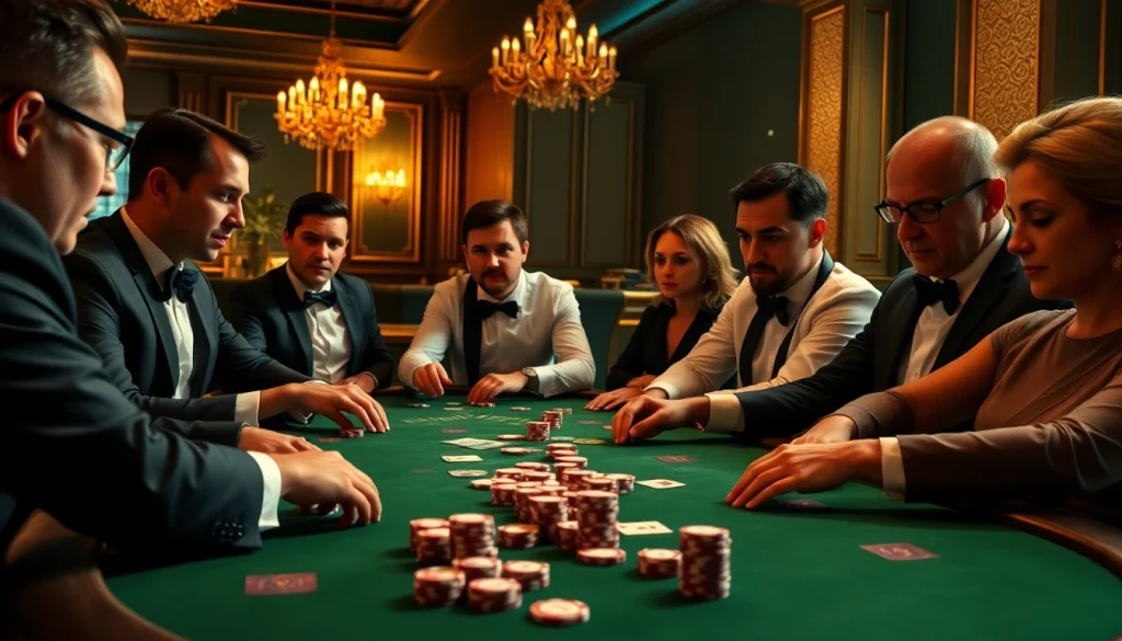 Exciting MM88 poker game scene showcasing players in a luxurious casino atmosphere.