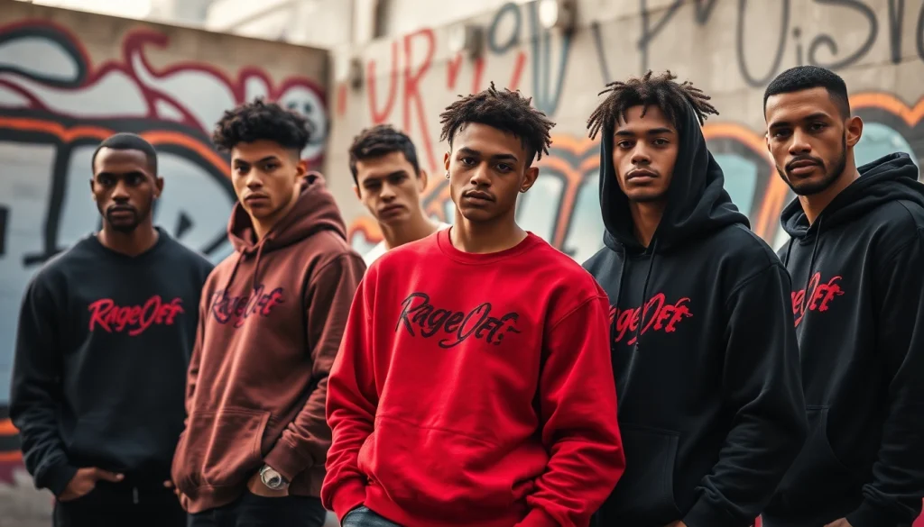 Trendy RageOff clothing showcased by diverse models in an urban setting, emphasizing style and energy.
