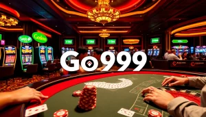 Go99 casino scene with players enjoying blackjack, vibrant lighting, and poker chips.