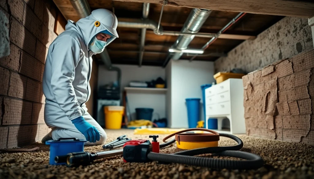 Service technician at http://newleafcrawlspace.com performing crawl space sanitization.