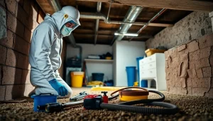 Service technician at http://newleafcrawlspace.com performing crawl space sanitization.