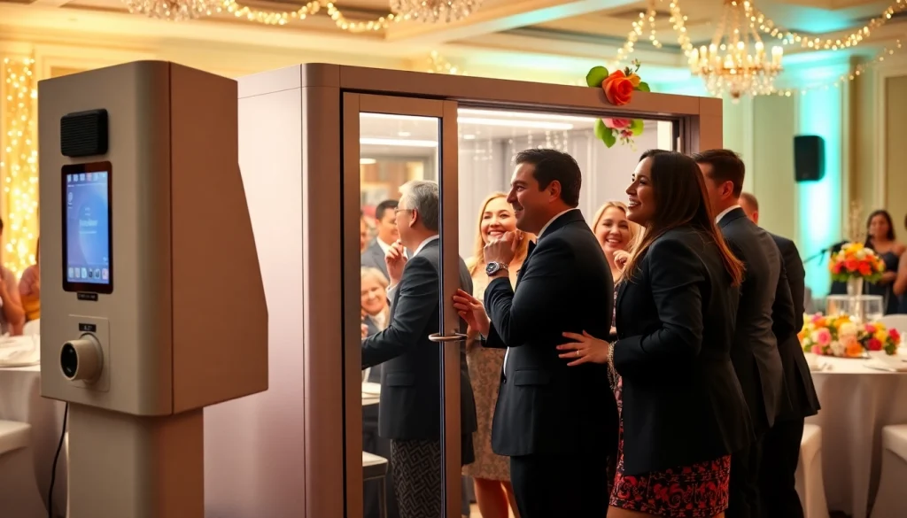 Rent a Photo Booth at a vibrant wedding reception with guests and colorful decorations.